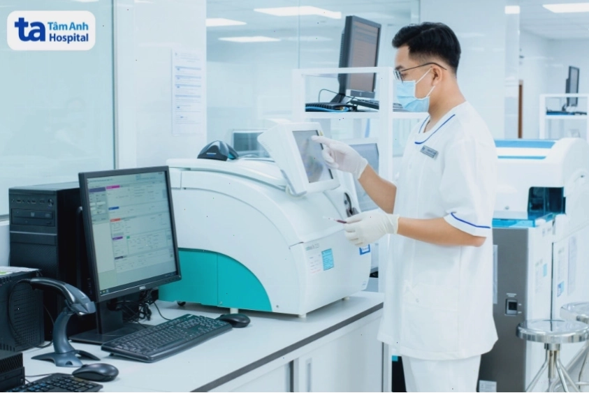 Bác sĩ lấy mẫu xét nghiệm máu và nước tiểu cho khách hàng