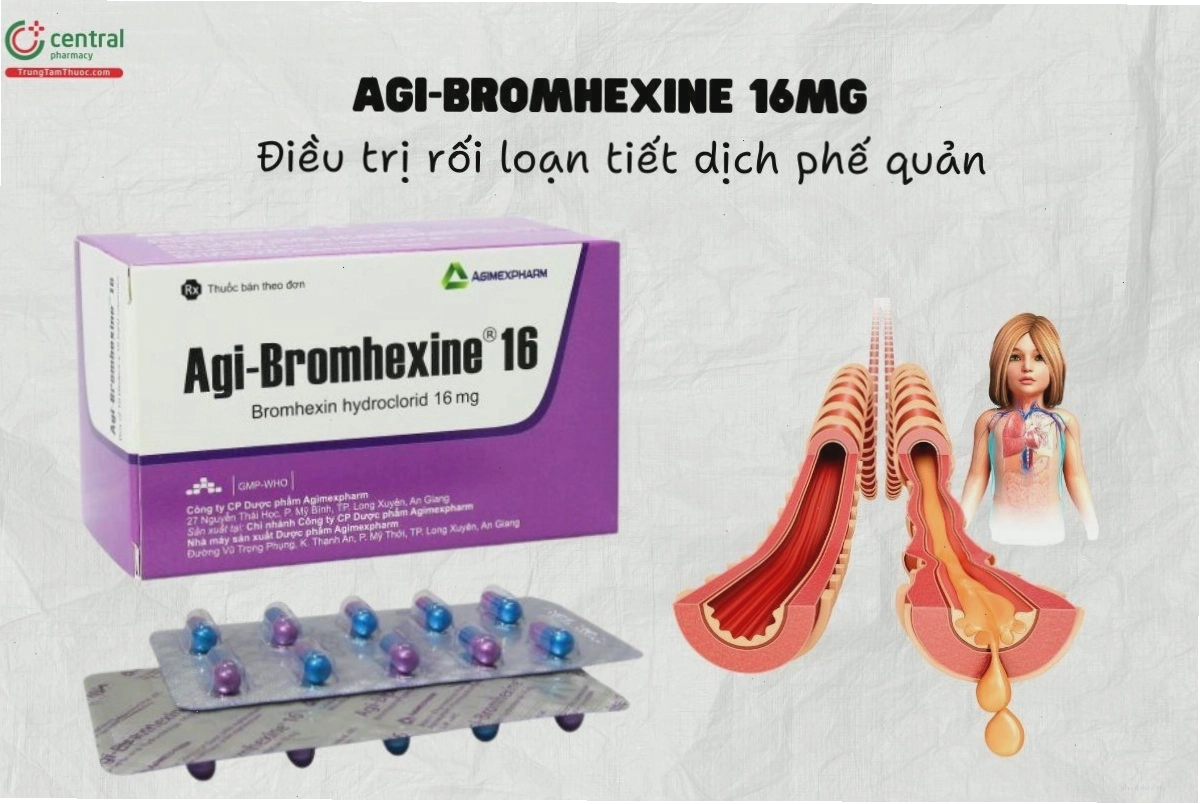 Thuốc Agi-Bromhexine 16mg hỗ trợ điều trị rối loạn tiết dịch phế quản